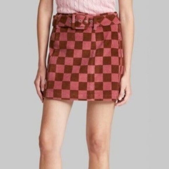 Wild Fable Corduroy Checkered Mini Skirt Pink and Brown Women's Size 6 - Picture 1 of 6